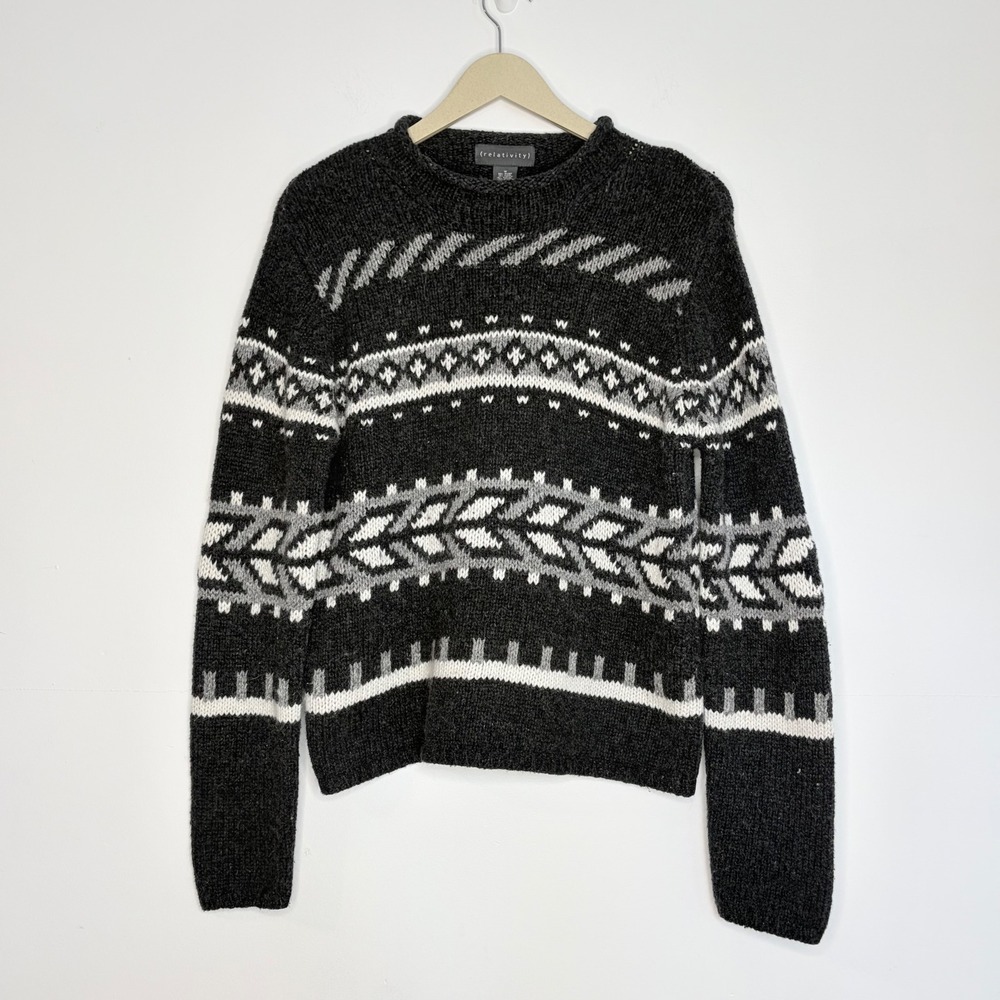 Relativity Sweater Women Medium Charcoal Gray Fair Isle Knit Wool Blend Pullover